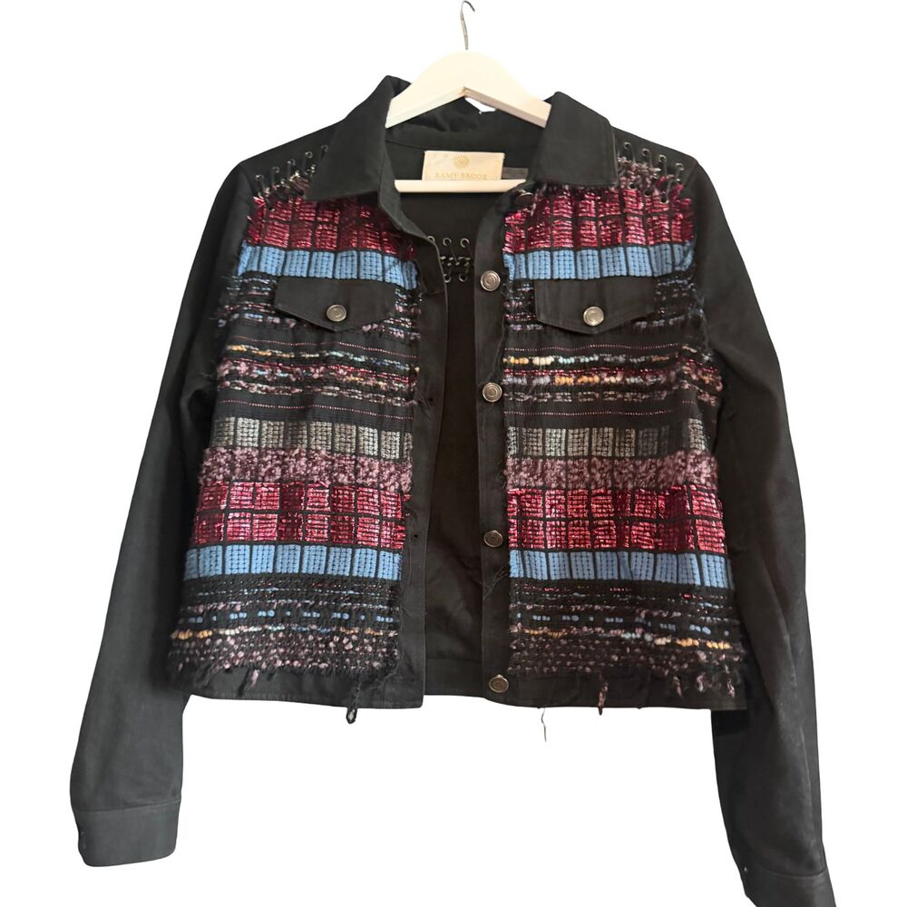 Ramy Brook Landon Tweed Paneled Black Denim Jacket Fringe Grommet Trucker Size L